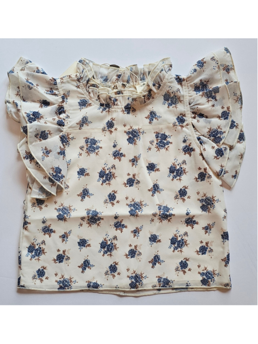 Girls Joyfolie Floral Ruffle Top - Cream/Blue - Size 6